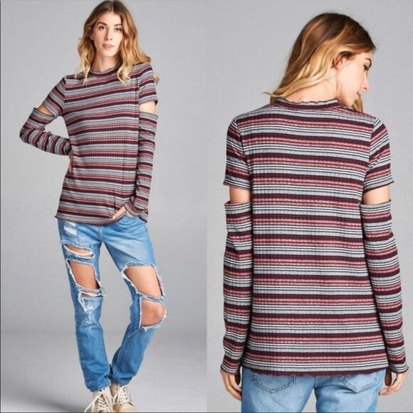 MULTI-COLORED KNIT SWEATER WINE RED TOP - Picture 3 of 8